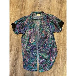 Vintage 80s California Dynasty Sz L Sleep Shirt or Dress Satin Paisley Colorful